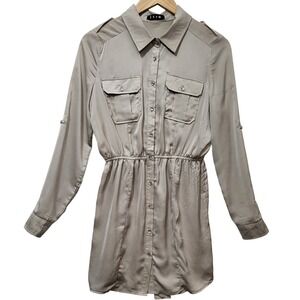 itro Taupe Utility Shirt Dress Satin Button Up Elastic Waist IT5024 Womens S